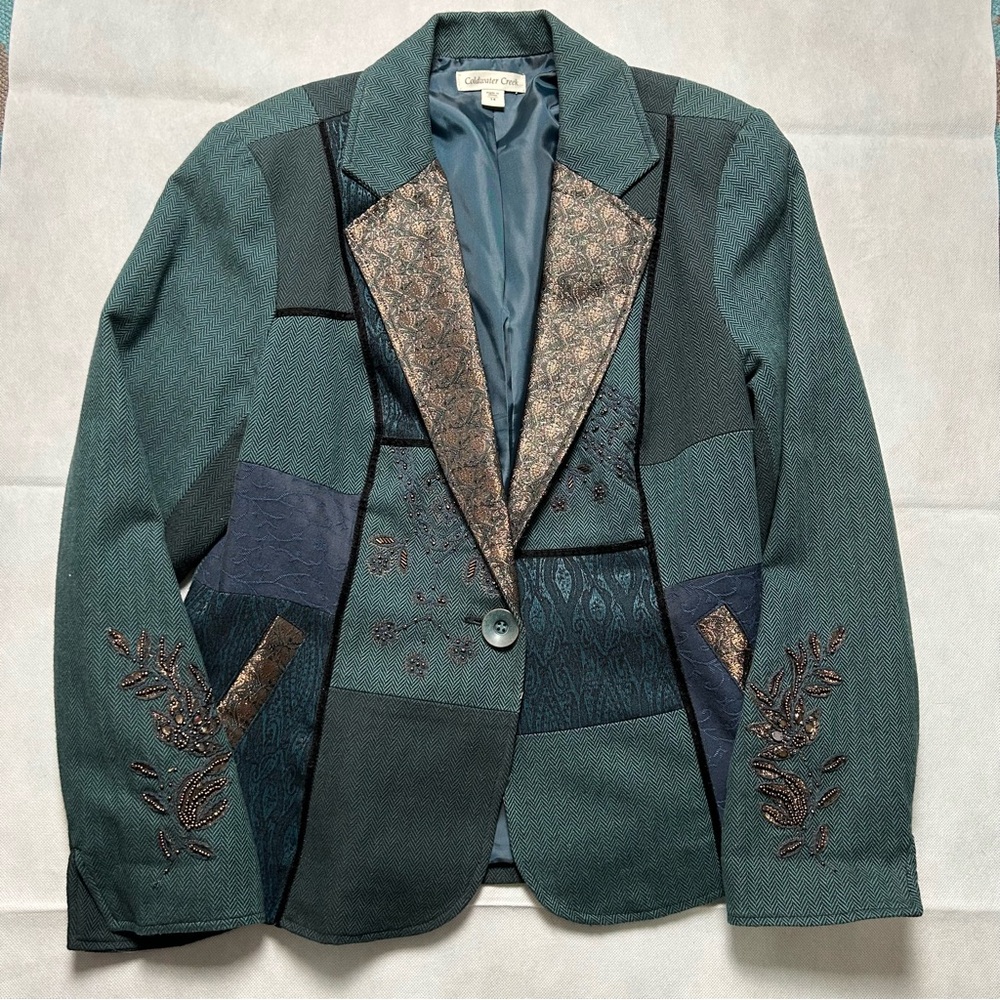 Coldwater Creek dark green blazer patchwork style with beading size 14